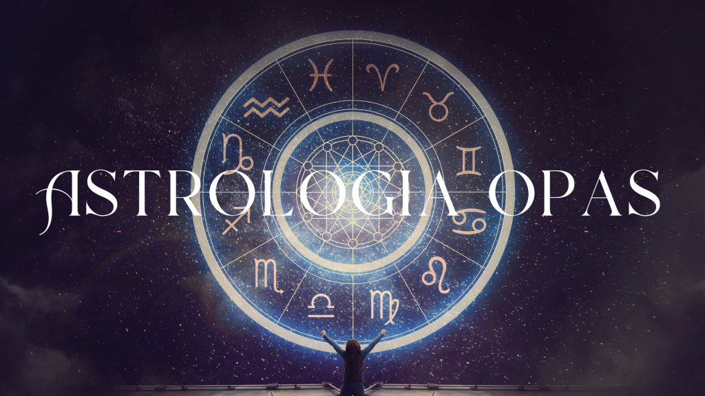 Astrologiaopas etusivun hero-kuva, kosminen tausta violeteilla ja sinisillä sävyillä, tähdet ja planeetat.